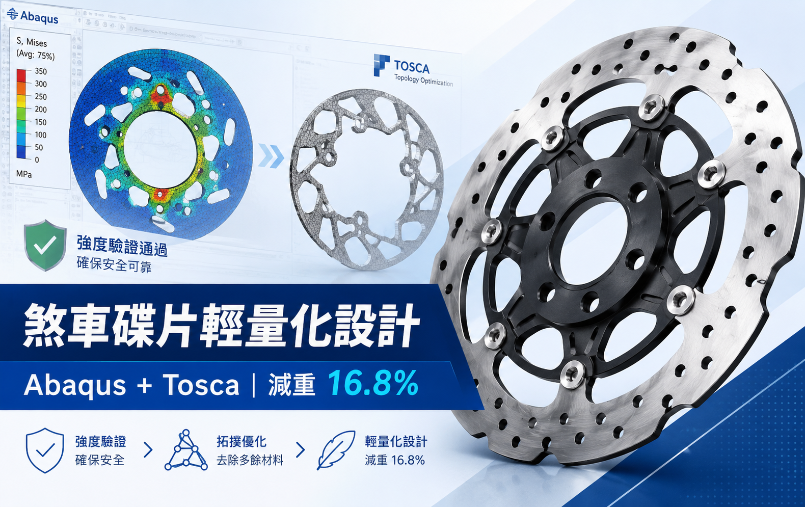 煞車碟片輕量化設計成功案例：Abaqus+Tosca減重16.8%應力分析實測